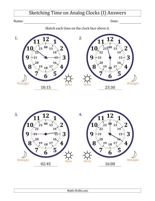 The Sketching 24 Hour Time on Analog Clocks in 15 Minute Intervals (4 Large Clocks) (I) Math Worksheet Page 2