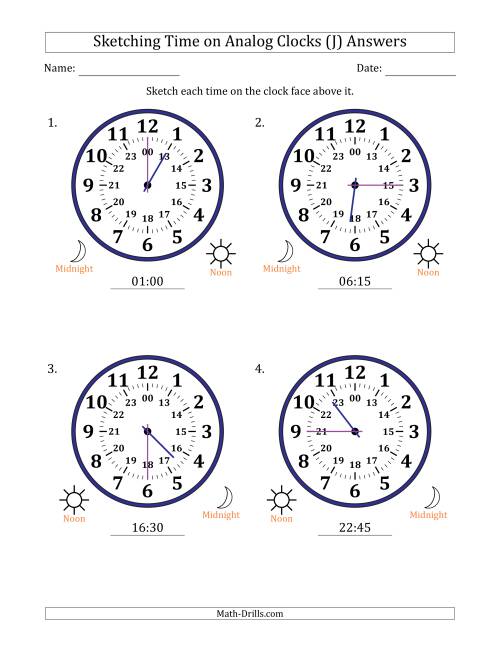 The Sketching 24 Hour Time on Analog Clocks in 15 Minute Intervals (4 Large Clocks) (J) Math Worksheet Page 2