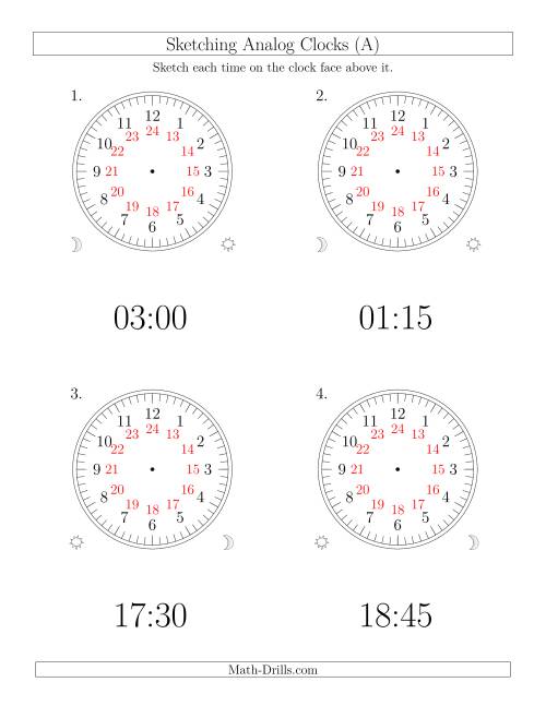 The Sketching Time on 24 Hour Analog Clocks in 15 Minute Intervals (Large Clocks) (Old) Math Worksheet
