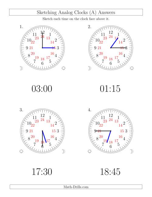 The Sketching Time on 24 Hour Analog Clocks in 15 Minute Intervals (Large Clocks) (Old) Math Worksheet Page 2