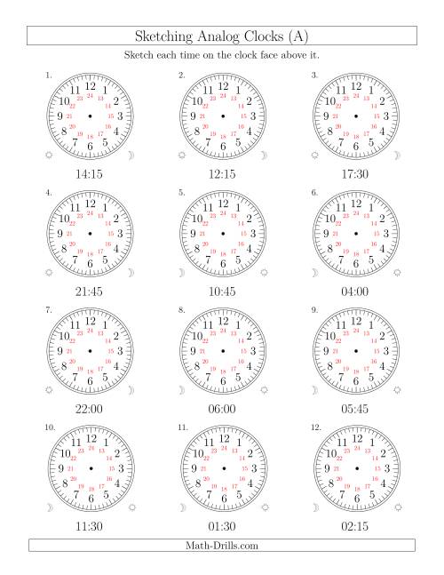 The Sketching Time on 24 Hour Analog Clocks in 15 Minute Intervals (Old) Math Worksheet