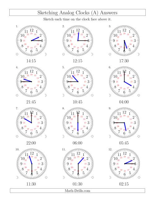 The Sketching Time on 24 Hour Analog Clocks in 15 Minute Intervals (Old) Math Worksheet Page 2