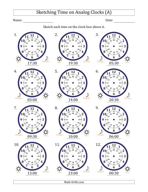 The Sketching 24 Hour Time on Analog Clocks in 30 Minute Intervals (12 Clocks) (A) Math Worksheet