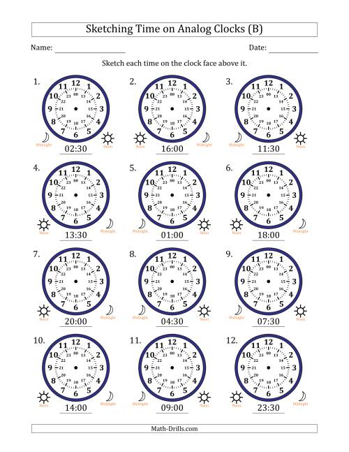 The Sketching 24 Hour Time on Analog Clocks in 30 Minute Intervals (12 Clocks) (B) Math Worksheet