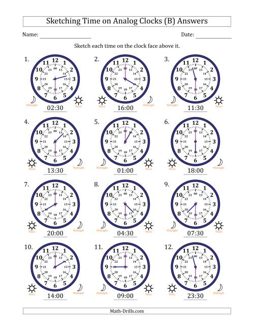 The Sketching 24 Hour Time on Analog Clocks in 30 Minute Intervals (12 Clocks) (B) Math Worksheet Page 2