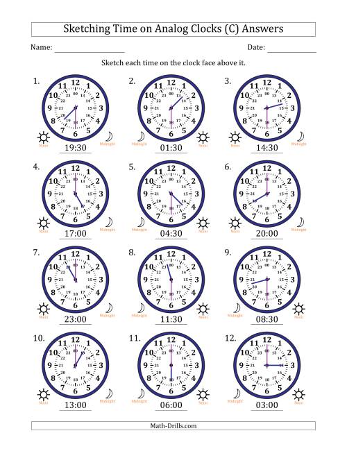 The Sketching 24 Hour Time on Analog Clocks in 30 Minute Intervals (12 Clocks) (C) Math Worksheet Page 2