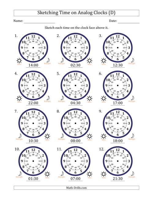 The Sketching 24 Hour Time on Analog Clocks in 30 Minute Intervals (12 Clocks) (D) Math Worksheet