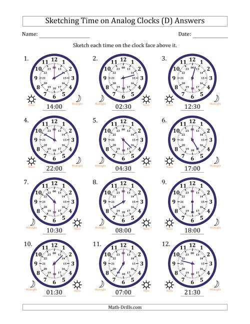 The Sketching 24 Hour Time on Analog Clocks in 30 Minute Intervals (12 Clocks) (D) Math Worksheet Page 2