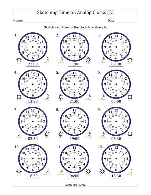 The Sketching 24 Hour Time on Analog Clocks in 30 Minute Intervals (12 Clocks) (E) Math Worksheet