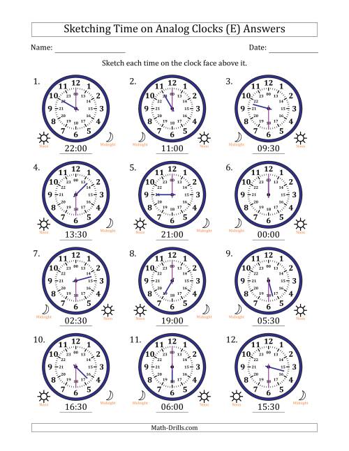 The Sketching 24 Hour Time on Analog Clocks in 30 Minute Intervals (12 Clocks) (E) Math Worksheet Page 2