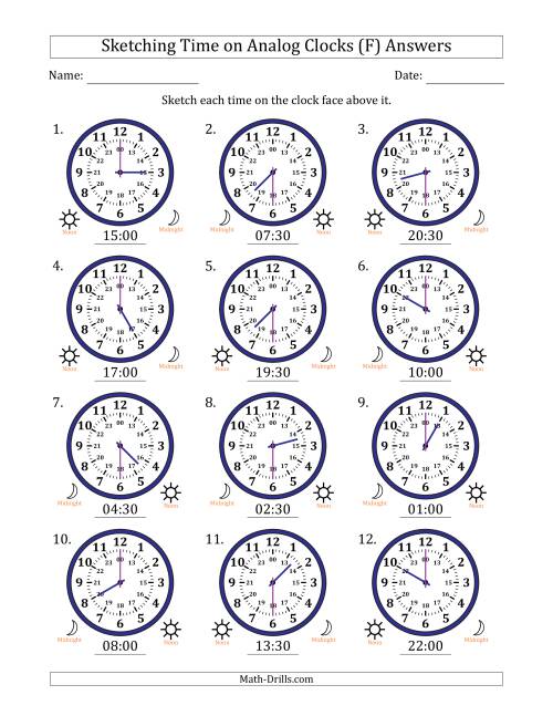 The Sketching 24 Hour Time on Analog Clocks in 30 Minute Intervals (12 Clocks) (F) Math Worksheet Page 2