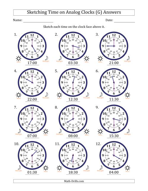 The Sketching 24 Hour Time on Analog Clocks in 30 Minute Intervals (12 Clocks) (G) Math Worksheet Page 2