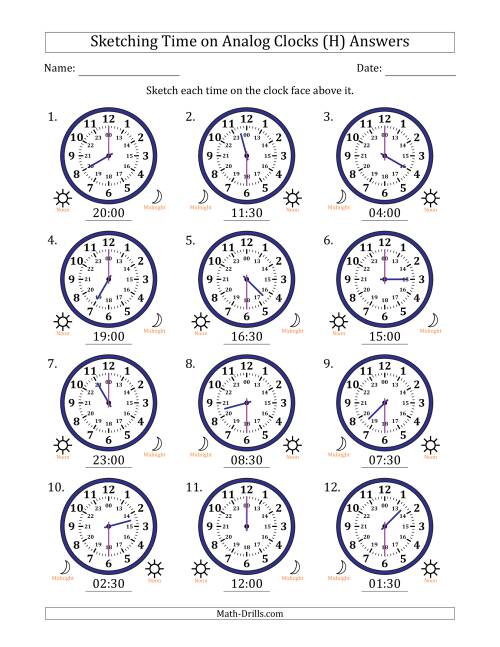 The Sketching 24 Hour Time on Analog Clocks in 30 Minute Intervals (12 Clocks) (H) Math Worksheet Page 2