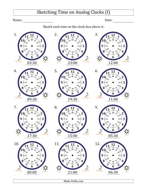The Sketching 24 Hour Time on Analog Clocks in 30 Minute Intervals (12 Clocks) (I) Math Worksheet