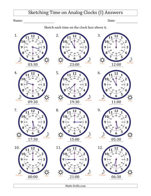 The Sketching 24 Hour Time on Analog Clocks in 30 Minute Intervals (12 Clocks) (I) Math Worksheet Page 2