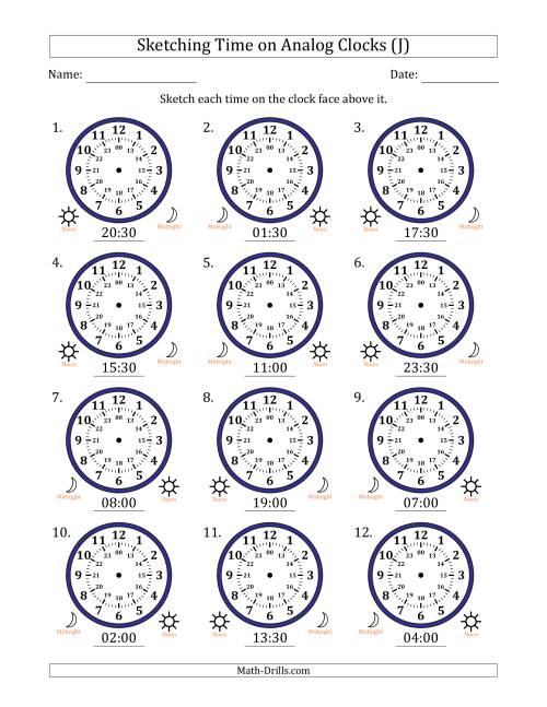 The Sketching 24 Hour Time on Analog Clocks in 30 Minute Intervals (12 Clocks) (J) Math Worksheet