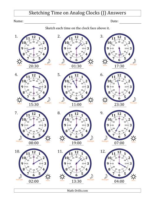 The Sketching 24 Hour Time on Analog Clocks in 30 Minute Intervals (12 Clocks) (J) Math Worksheet Page 2