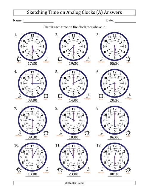 The Sketching 24 Hour Time on Analog Clocks in 30 Minute Intervals (12 Clocks) (All) Math Worksheet Page 2