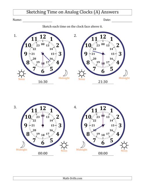 The Sketching 24 Hour Time on Analog Clocks in 30 Minute Intervals (4 Large Clocks) (A) Math Worksheet Page 2