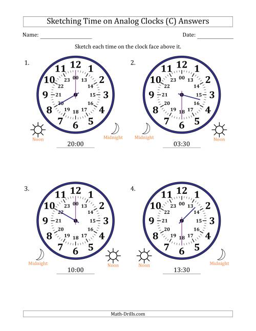 The Sketching 24 Hour Time on Analog Clocks in 30 Minute Intervals (4 Large Clocks) (C) Math Worksheet Page 2