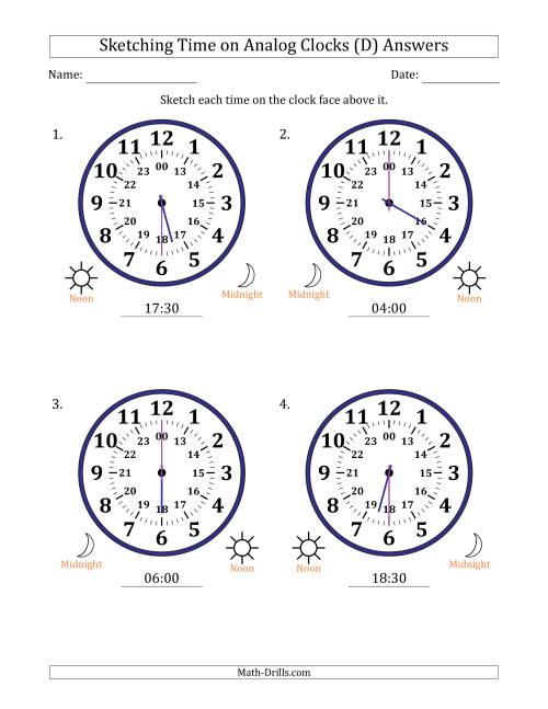 The Sketching 24 Hour Time on Analog Clocks in 30 Minute Intervals (4 Large Clocks) (D) Math Worksheet Page 2