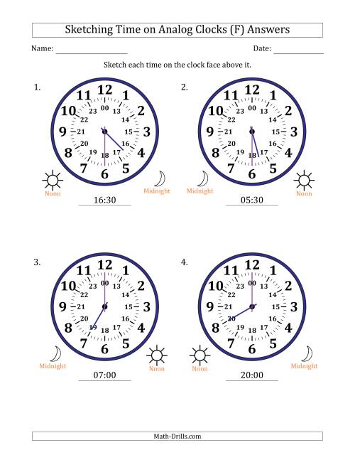 The Sketching 24 Hour Time on Analog Clocks in 30 Minute Intervals (4 Large Clocks) (F) Math Worksheet Page 2