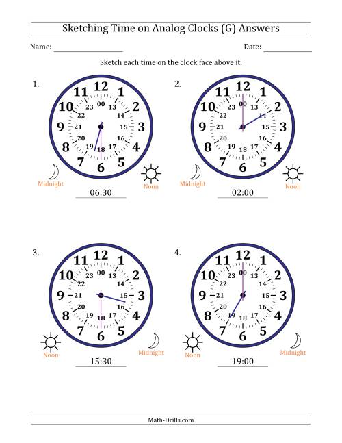 The Sketching 24 Hour Time on Analog Clocks in 30 Minute Intervals (4 Large Clocks) (G) Math Worksheet Page 2