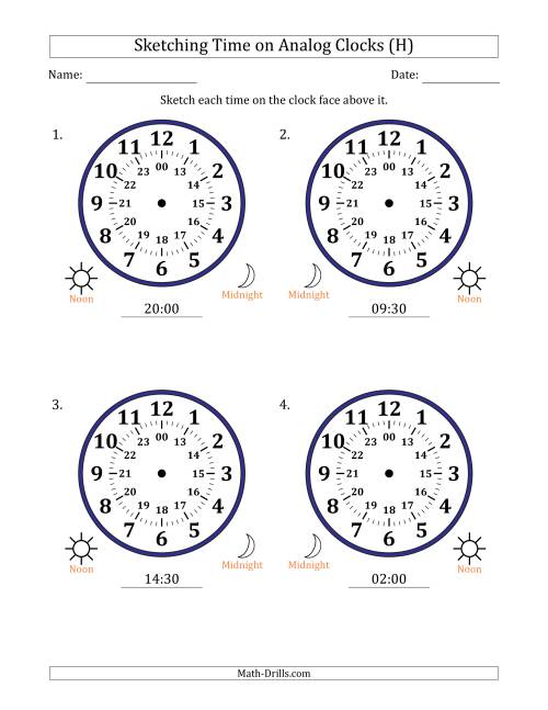 The Sketching 24 Hour Time on Analog Clocks in 30 Minute Intervals (4 Large Clocks) (H) Math Worksheet