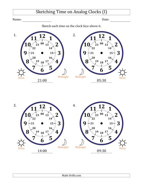 The Sketching 24 Hour Time on Analog Clocks in 30 Minute Intervals (4 Large Clocks) (I) Math Worksheet
