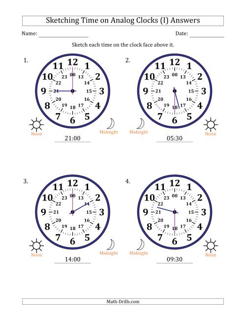 The Sketching 24 Hour Time on Analog Clocks in 30 Minute Intervals (4 Large Clocks) (I) Math Worksheet Page 2