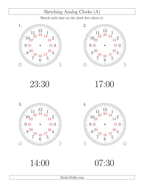 The Sketching Time on 24 Hour Analog Clocks in Half Hour Intervals (Large Clocks) (Old) Math Worksheet