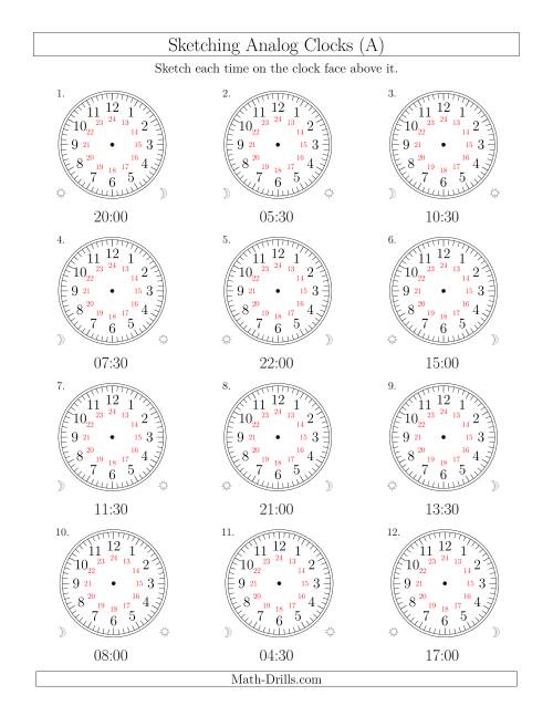 The Sketching Time on 24 Hour Analog Clocks in Half Hour Intervals (Old) Math Worksheet