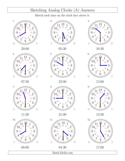 The Sketching Time on 24 Hour Analog Clocks in Half Hour Intervals (Old) Math Worksheet Page 2