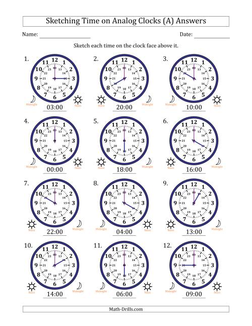 The Sketching 24 Hour Time on Analog Clocks in One Hour Intervals (12 Clocks) (A) Math Worksheet Page 2