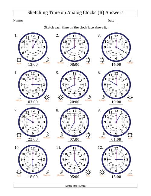 The Sketching 24 Hour Time on Analog Clocks in One Hour Intervals (12 Clocks) (B) Math Worksheet Page 2
