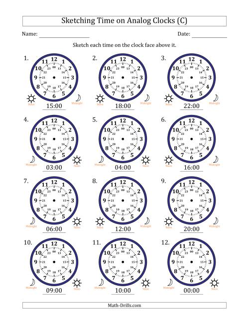 The Sketching 24 Hour Time on Analog Clocks in One Hour Intervals (12 Clocks) (C) Math Worksheet