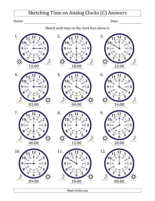 The Sketching 24 Hour Time on Analog Clocks in One Hour Intervals (12 Clocks) (C) Math Worksheet Page 2