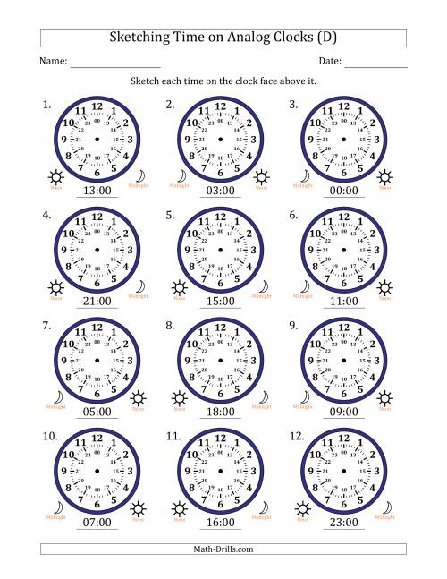 The Sketching 24 Hour Time on Analog Clocks in One Hour Intervals (12 Clocks) (D) Math Worksheet