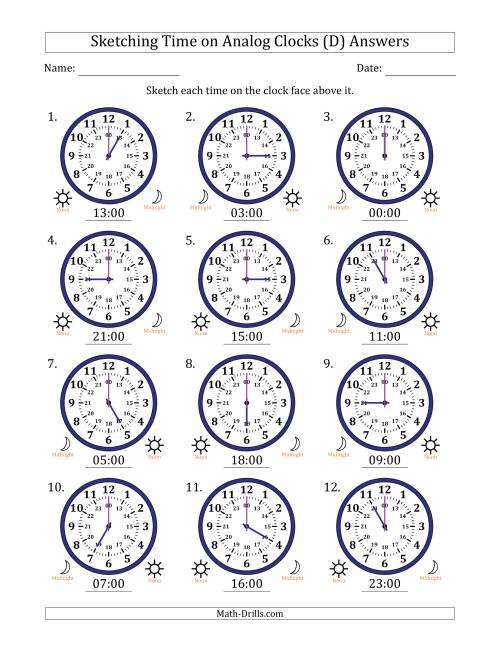 The Sketching 24 Hour Time on Analog Clocks in One Hour Intervals (12 Clocks) (D) Math Worksheet Page 2