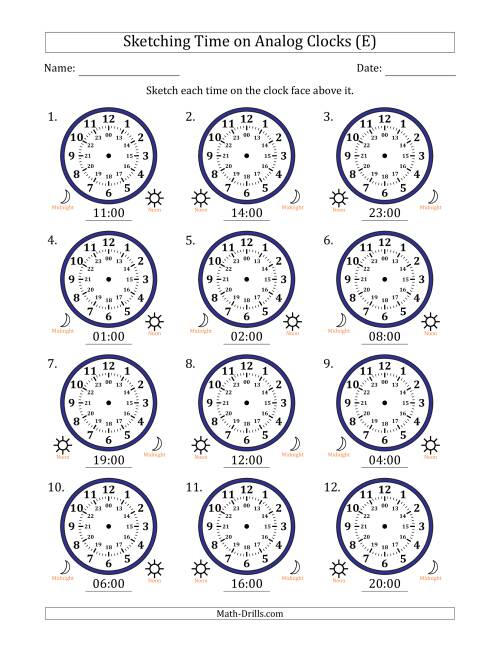 The Sketching 24 Hour Time on Analog Clocks in One Hour Intervals (12 Clocks) (E) Math Worksheet