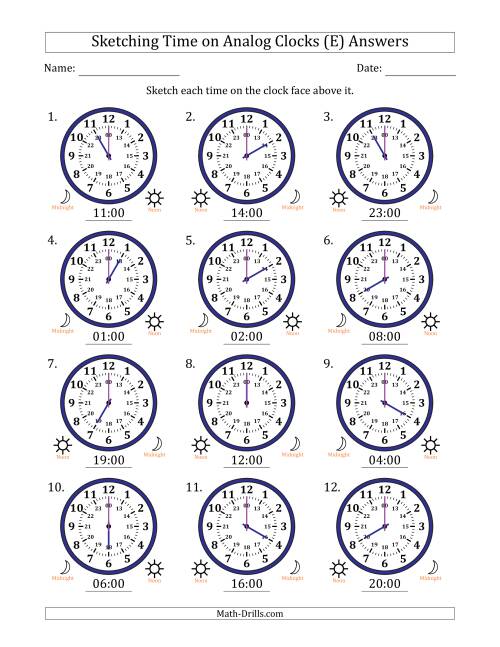 The Sketching 24 Hour Time on Analog Clocks in One Hour Intervals (12 Clocks) (E) Math Worksheet Page 2