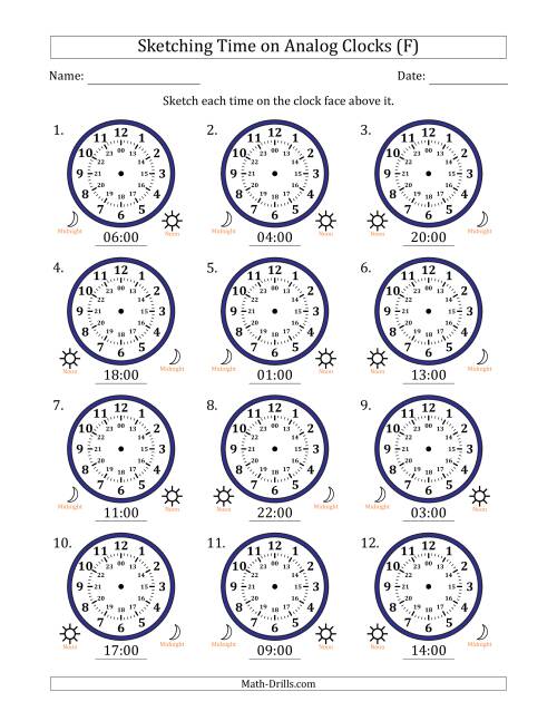 The Sketching 24 Hour Time on Analog Clocks in One Hour Intervals (12 Clocks) (F) Math Worksheet
