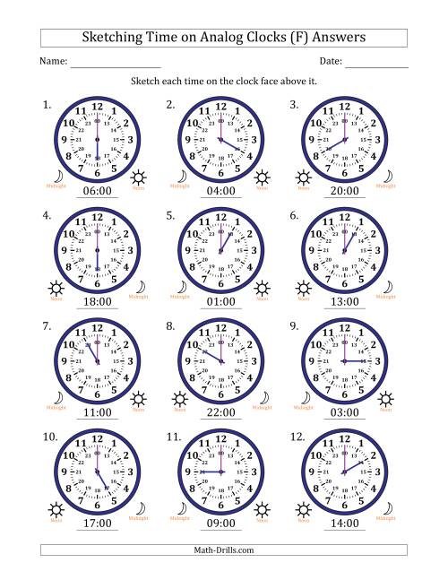 The Sketching 24 Hour Time on Analog Clocks in One Hour Intervals (12 Clocks) (F) Math Worksheet Page 2