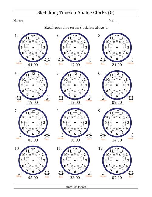 The Sketching 24 Hour Time on Analog Clocks in One Hour Intervals (12 Clocks) (G) Math Worksheet