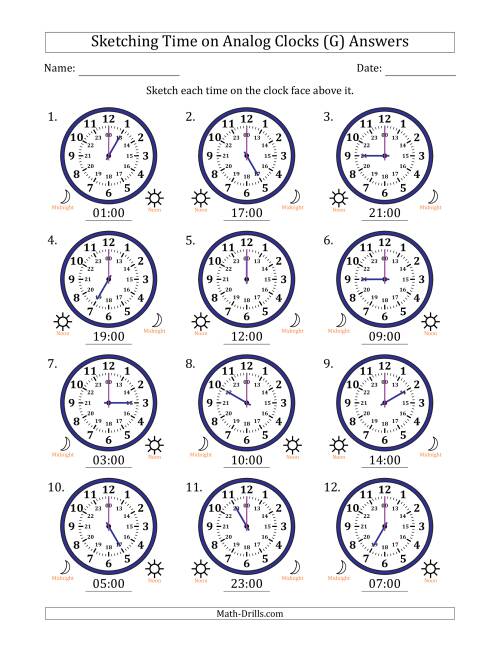 The Sketching 24 Hour Time on Analog Clocks in One Hour Intervals (12 Clocks) (G) Math Worksheet Page 2