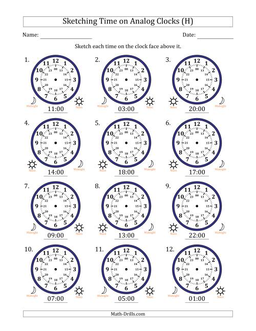 The Sketching 24 Hour Time on Analog Clocks in One Hour Intervals (12 Clocks) (H) Math Worksheet