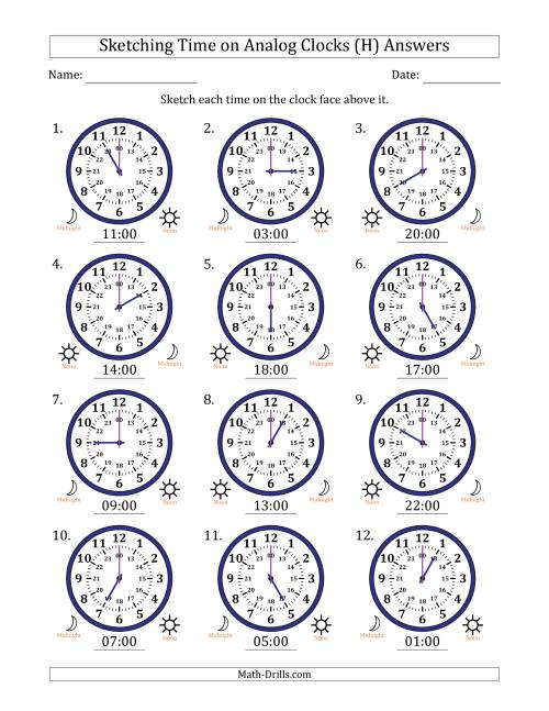 The Sketching 24 Hour Time on Analog Clocks in One Hour Intervals (12 Clocks) (H) Math Worksheet Page 2