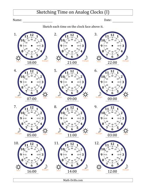 The Sketching 24 Hour Time on Analog Clocks in One Hour Intervals (12 Clocks) (I) Math Worksheet