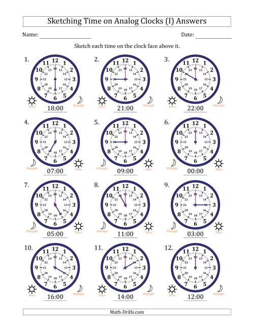The Sketching 24 Hour Time on Analog Clocks in One Hour Intervals (12 Clocks) (I) Math Worksheet Page 2