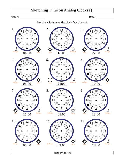 The Sketching 24 Hour Time on Analog Clocks in One Hour Intervals (12 Clocks) (J) Math Worksheet